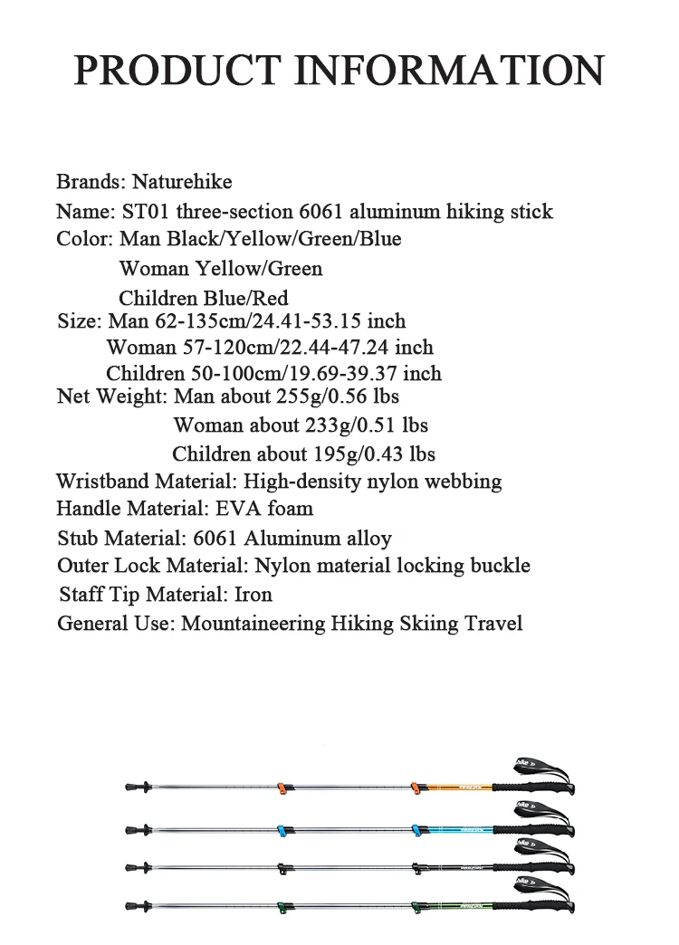 Naturehike Hiking Poles Three Sections Of Aluminum Pole For Mountaineering Hiking Skiing Travel Poles Climbing Trekking Pole