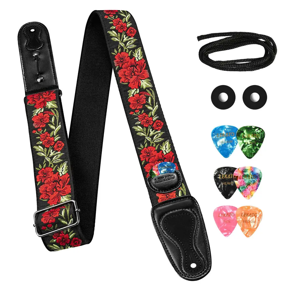 LEKATO LGS-6 Guitar Strap with 6 Picks 2 Locks for Electric Acoustic Guitar Bass