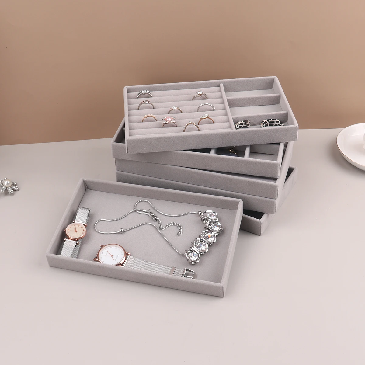 Velvet Jewelry Display Stackable Exquisite Jewellery Holder Portable Ring Earrings Necklace Organizer Box Organizator De Boys