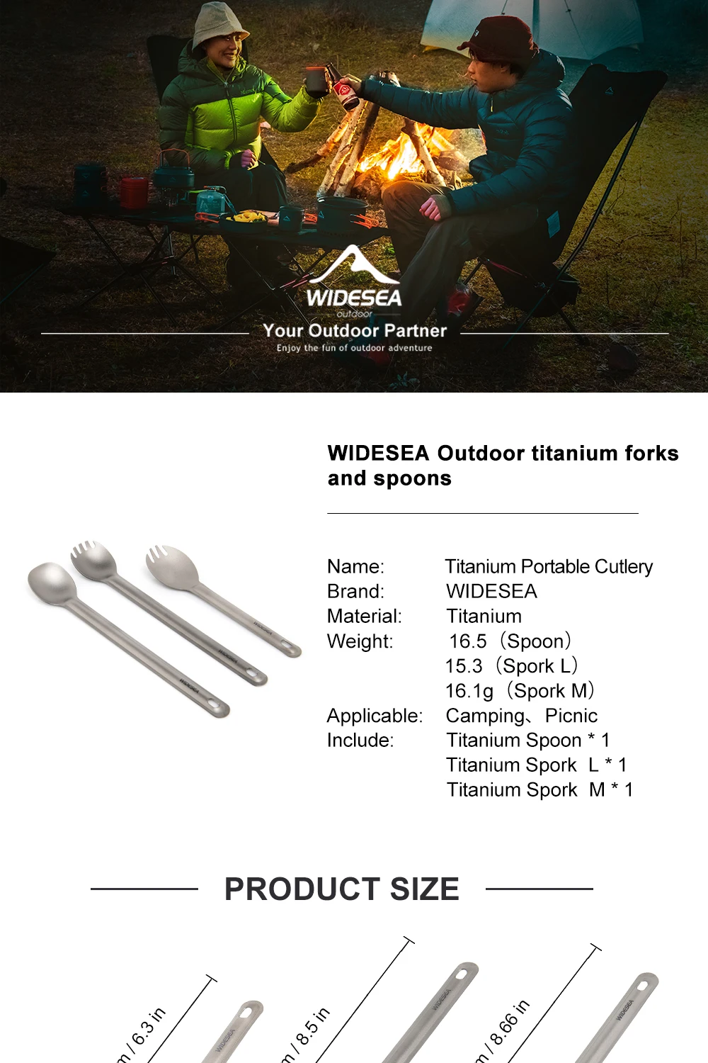 Widesea Camping Titanium Spork Spoon Outdoor Lightweight Fork Tableware Portable Picnic Hiking Travelling Ultralight Dinnerware