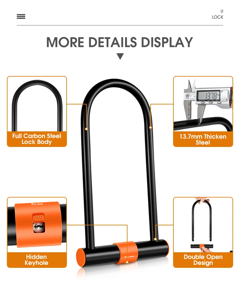 WEST BIKING Carbon Steel Bike U Lock Anti-Theft Secure MTB Road Bicycle Lock Motorcycle Scooter Cycling Accessories