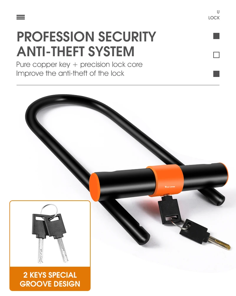 WEST BIKING Carbon Steel Bike U Lock Anti-Theft Secure MTB Road Bicycle Lock Motorcycle Scooter Cycling Accessories
