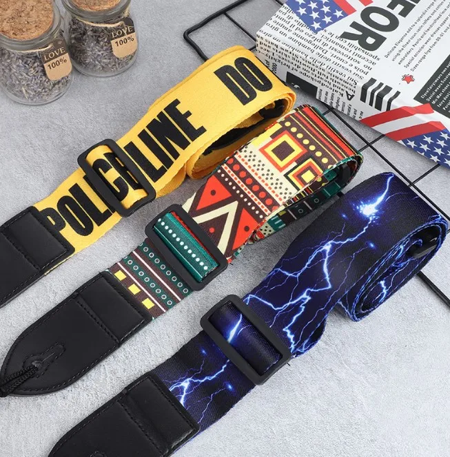 1pc Ukulele Extra Wide Acoustic Guitar Strap Leather Belt Adjustable Shoulder Strap Artistic Print for Wood Guitar Electric Bass