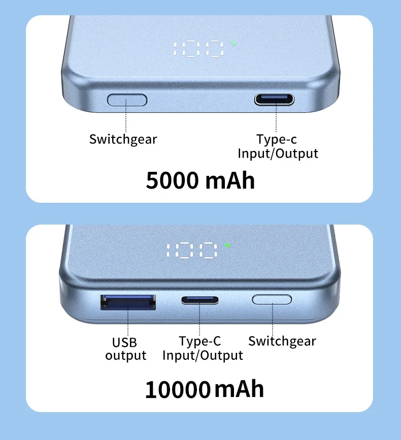 Ultra-thin Magnetic Wireless Power Bank Fast Charging External Spare Battery 5000mAh USB C PD20W 10000mAh for iPhone 15 Samsung