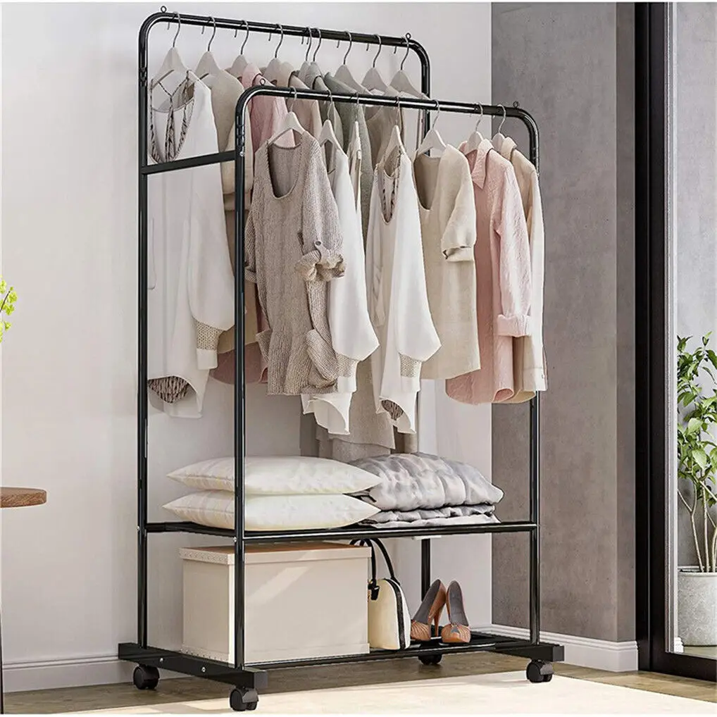 Heavy Duty Rolling Clothes Rack with Wheels Metal Coat Hanger Stand Shoes Storage Organizer
