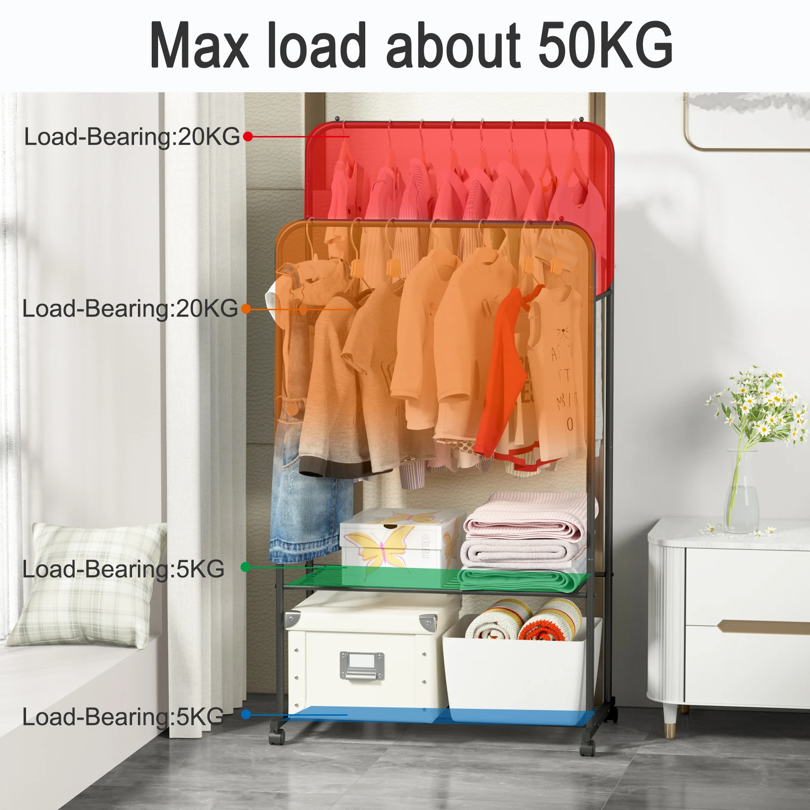 Heavy Duty Rolling Clothes Rack with Wheels Metal Coat Hanger Stand Shoes Storage Organizer