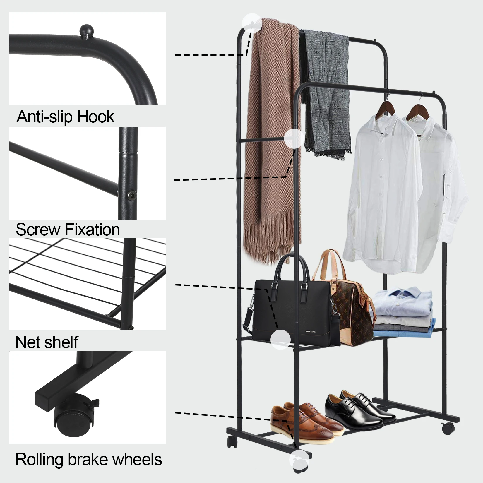 Heavy Duty Rolling Clothes Rack with Wheels Metal Coat Hanger Stand Shoes Storage Organizer