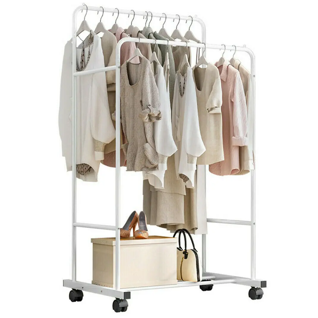 Heavy Duty Rolling Clothes Rack with Wheels Metal Coat Hanger Stand Shoes Storage Organizer