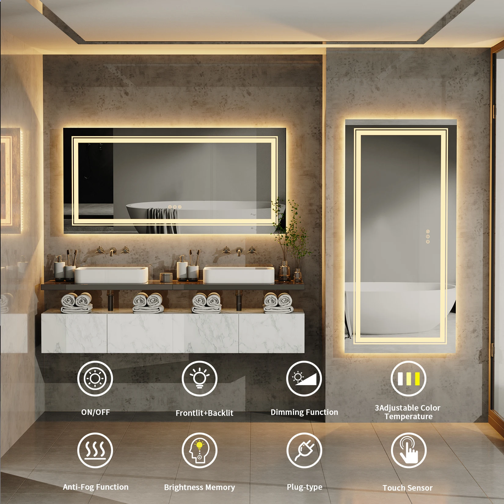 48"X24" LED Bathroom Mirror with Lights, Anti-Fog, Dimmable, Backlit + Front Lit, Lighted Bathroom Vanity Mirror Memory
