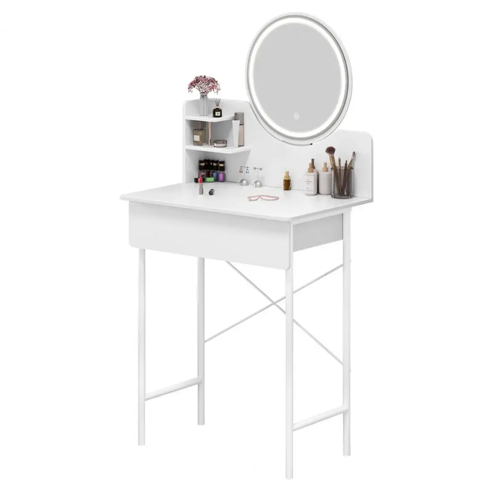 Makeup Vanity Desk with LED Lighted Mirror Vanity Table with 1 Drawer and 2 Opening Shelves 3 Modes Brightness Adjustable