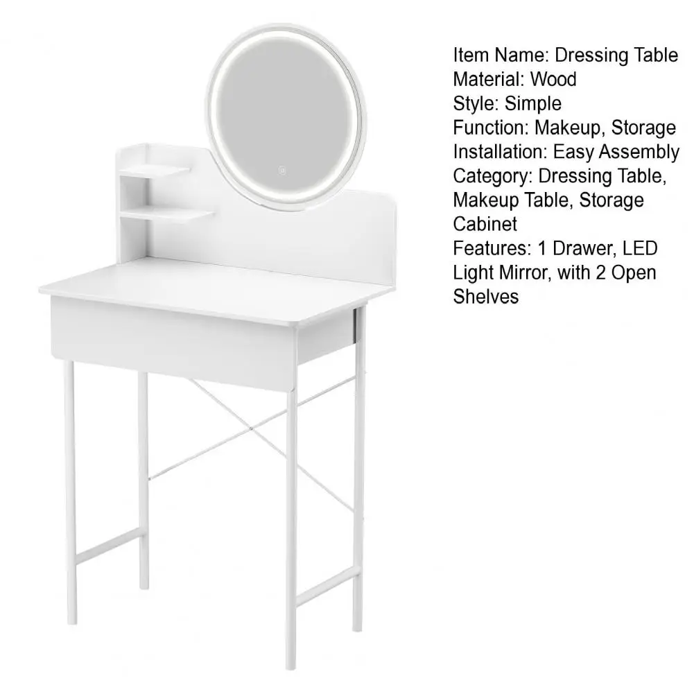 Makeup Vanity Desk with LED Lighted Mirror Vanity Table with 1 Drawer and 2 Opening Shelves 3 Modes Brightness Adjustable
