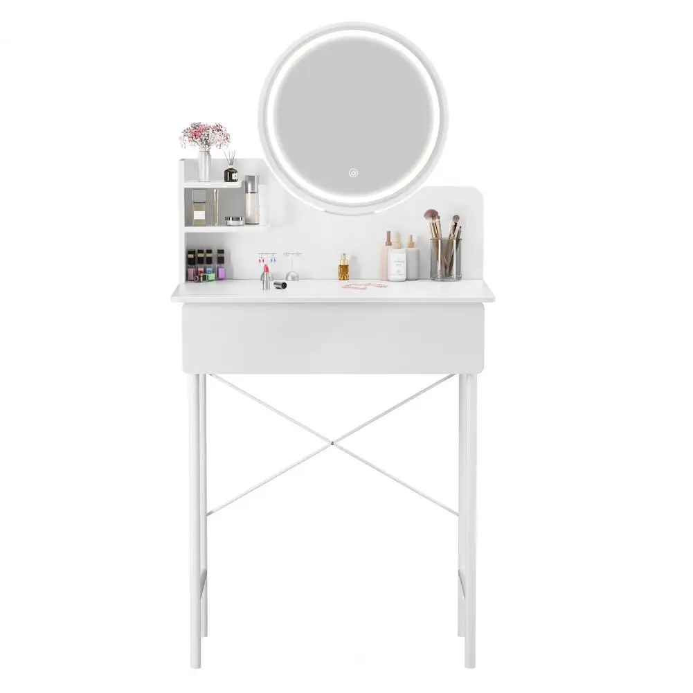Makeup Vanity Desk with LED Lighted Mirror Vanity Table with 1 Drawer and 2 Opening Shelves 3 Modes Brightness Adjustable