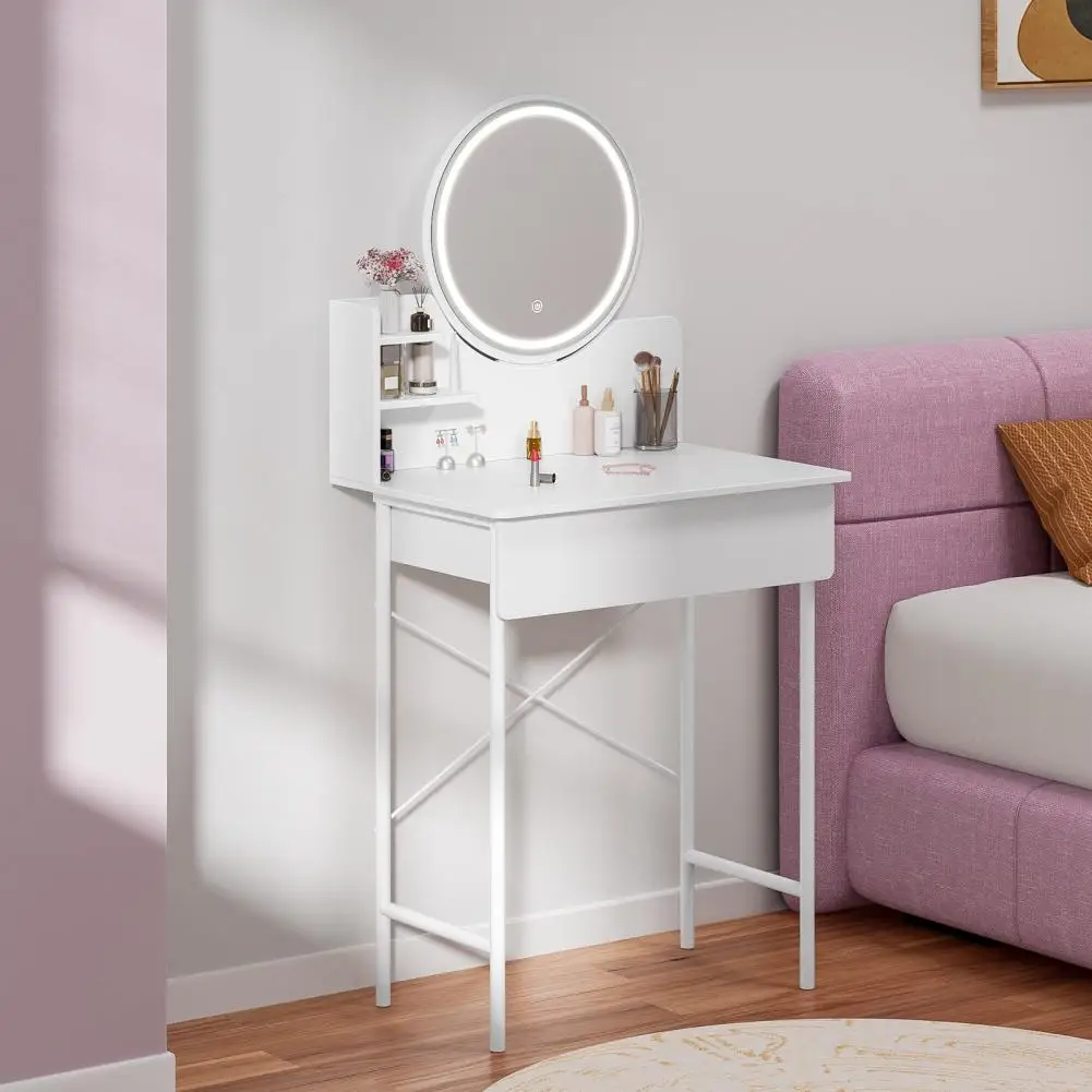 Makeup Vanity Desk with LED Lighted Mirror Vanity Table with 1 Drawer and 2 Opening Shelves 3 Modes Brightness Adjustable