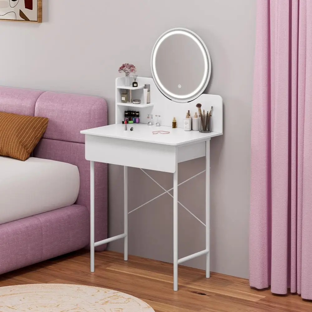 Makeup Vanity Desk with LED Lighted Mirror Vanity Table with 1 Drawer and 2 Opening Shelves 3 Modes Brightness Adjustable