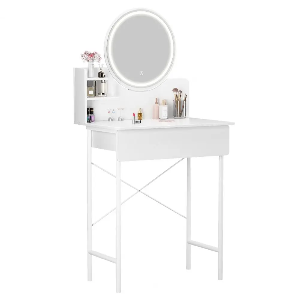 Makeup Vanity Desk with LED Lighted Mirror Vanity Table with 1 Drawer and 2 Opening Shelves 3 Modes Brightness Adjustable