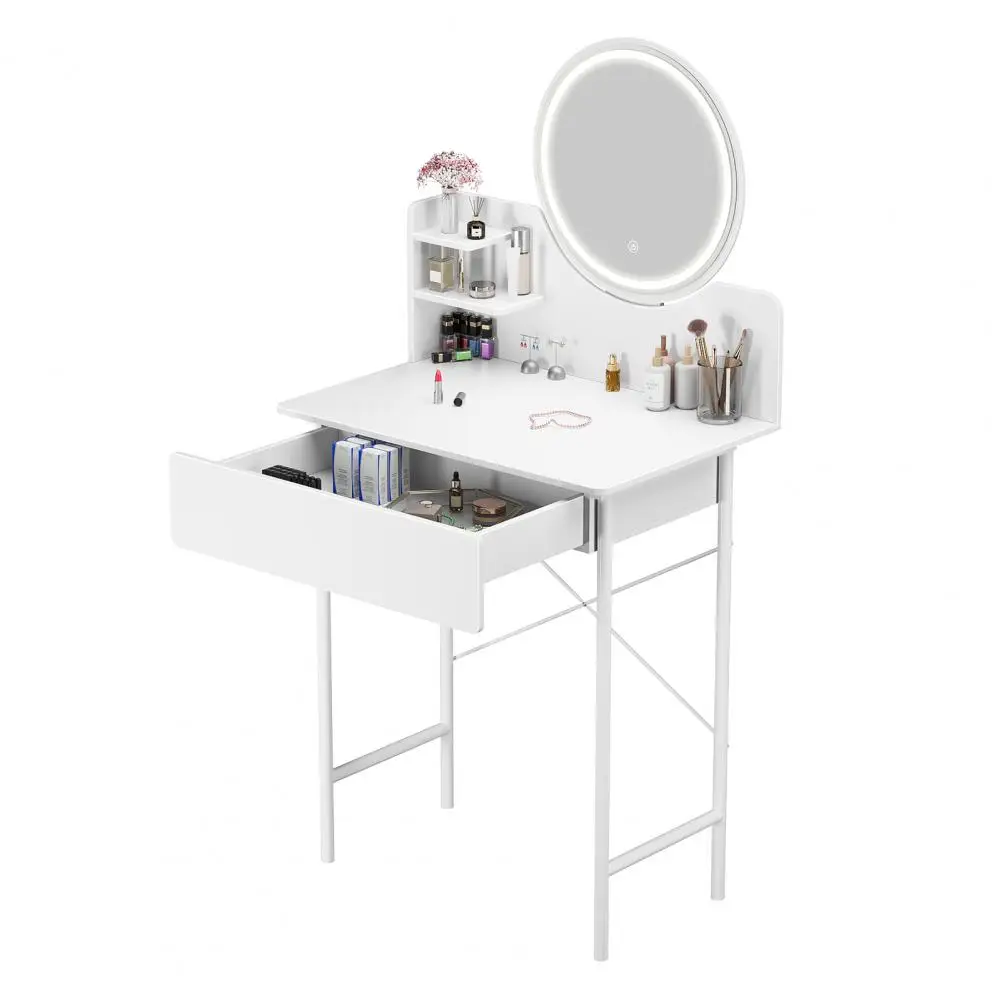 Makeup Vanity Desk with LED Lighted Mirror Vanity Table with 1 Drawer and 2 Opening Shelves 3 Modes Brightness Adjustable