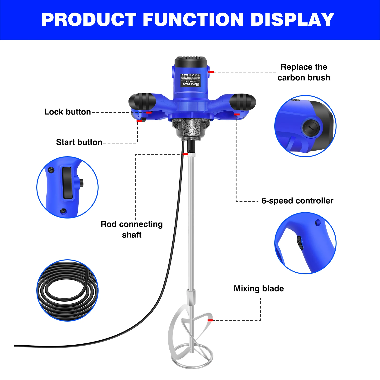 2600W Portable Electric Cement Mixer, 6 Speed Handheld Mixer Stirring Tool for Mixing Grout Paint Mortar Mud Plaster Tool