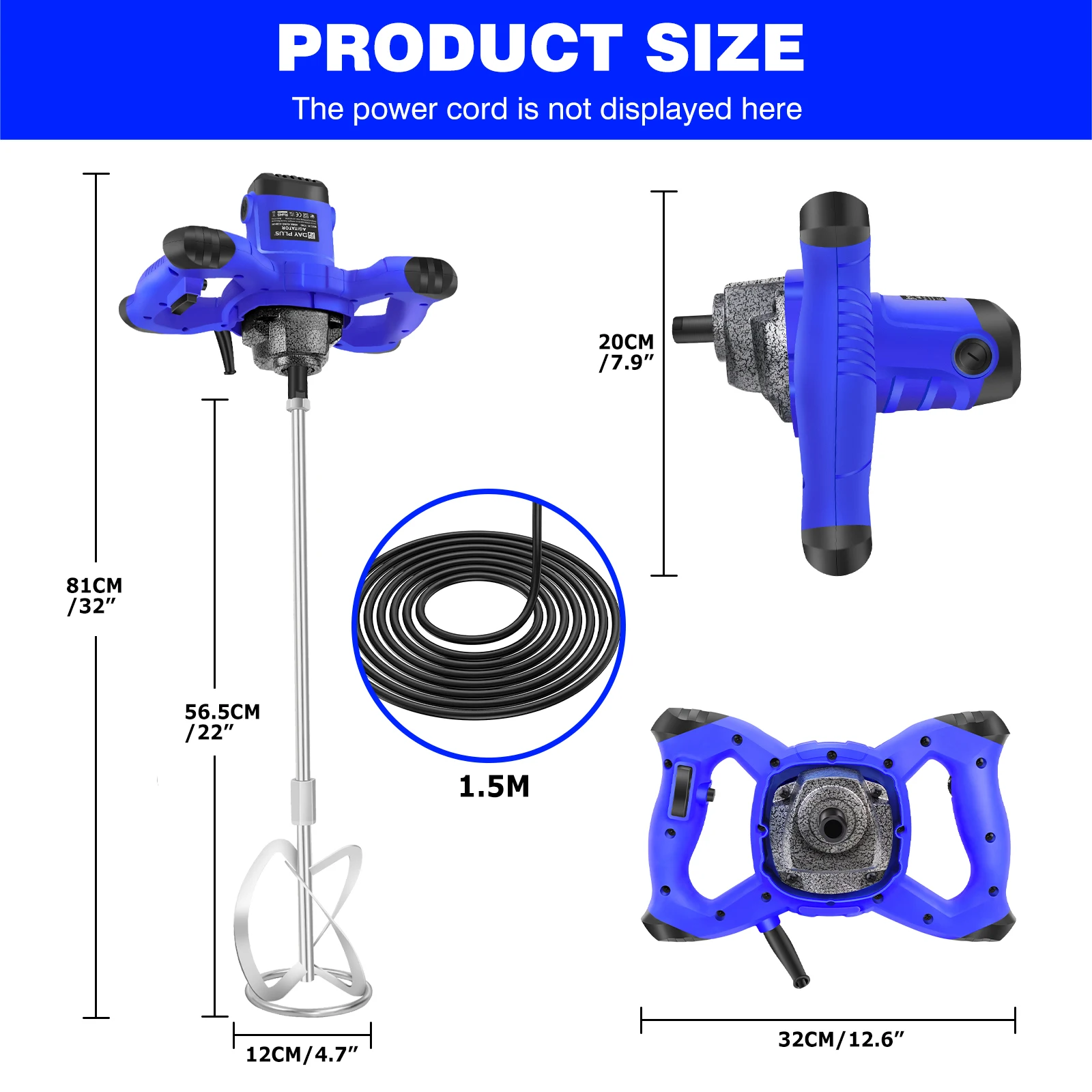 2600W Portable Electric Cement Mixer, 6 Speed Handheld Mixer Stirring Tool for Mixing Grout Paint Mortar Mud Plaster Tool
