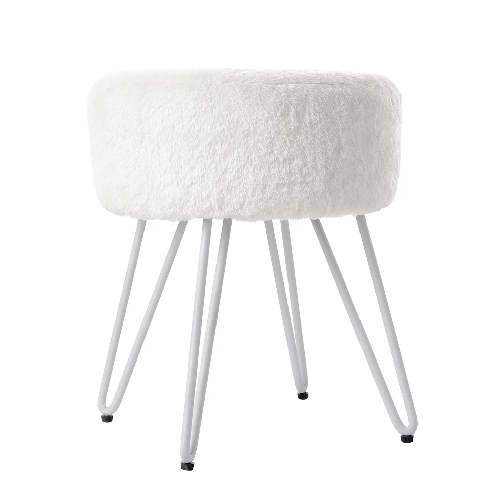 Voltsify White Round Plush Vanity Stool with Metal Legs Living Room Shoe Changing Stool Leisure Stool Furniture