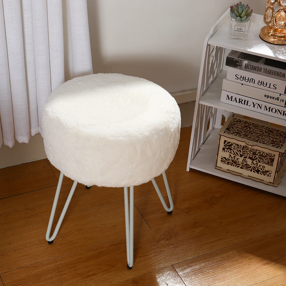 Voltsify White Round Plush Vanity Stool with Metal Legs Living Room Shoe Changing Stool Leisure Stool Furniture