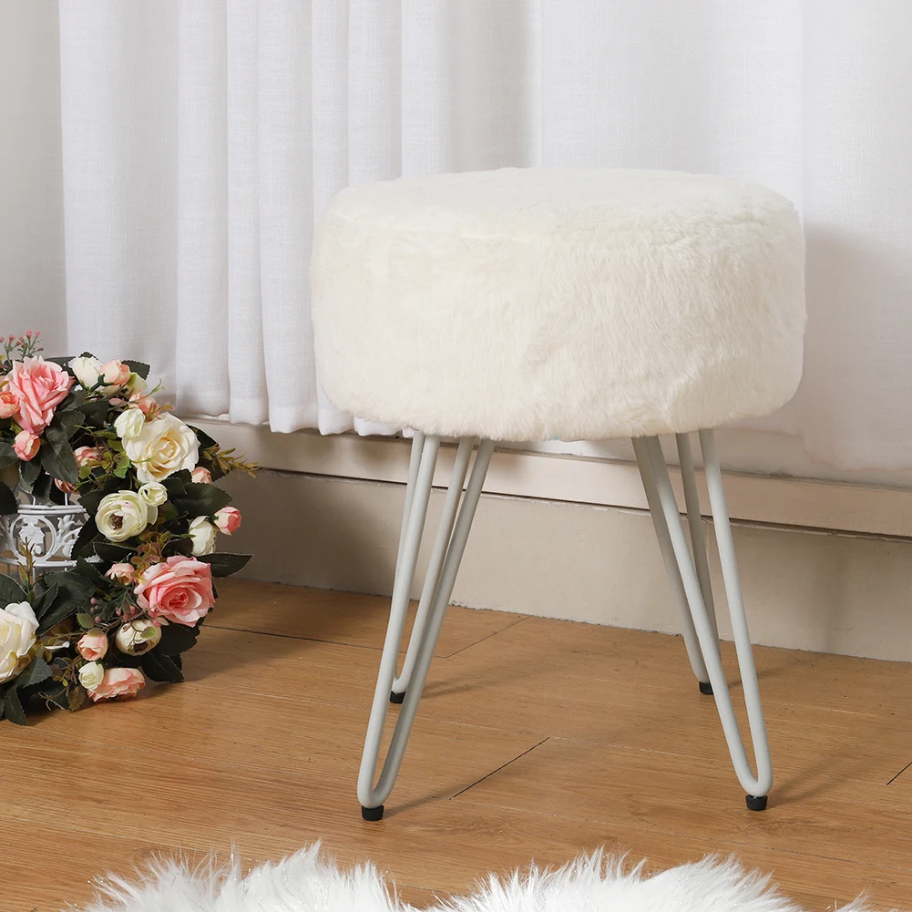 Voltsify White Round Plush Vanity Stool with Metal Legs Living Room Shoe Changing Stool Leisure Stool Furniture