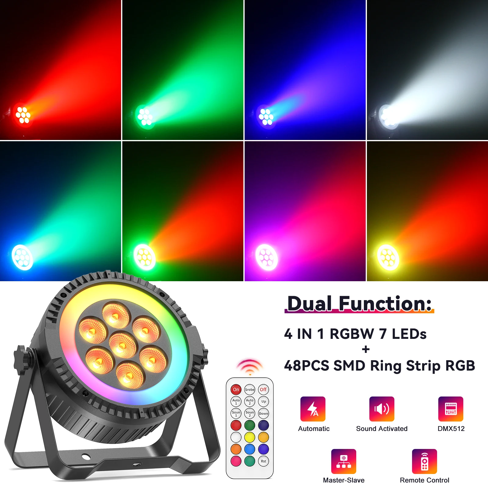 Datewink 7LEDs RGBW Par Light With Strip Stage Lighting Effect DMX Remote Control DJ Lights For Disco Dance Party Bar Wedding