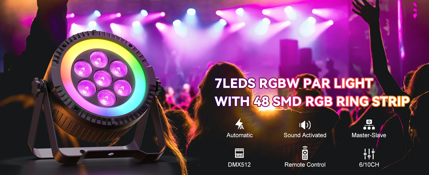 Datewink 7LEDs RGBW Par Light With Strip Stage Lighting Effect DMX Remote Control DJ Lights For Disco Dance Party Bar Wedding