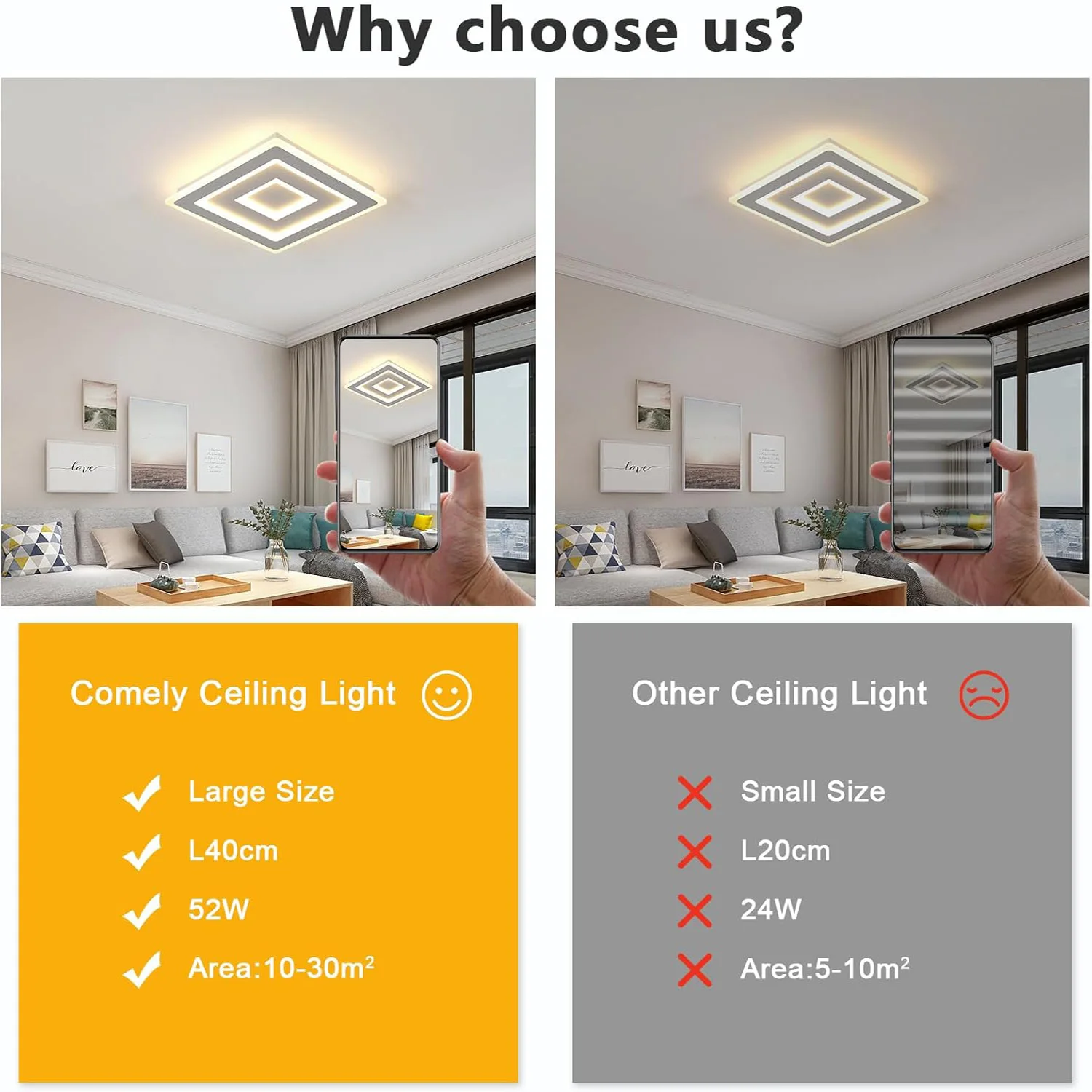 Modern Square LED Ceiling Light,28W Acrylic Lamp,White Chandelier for Bedroom, Living Room Warm Light 3000K