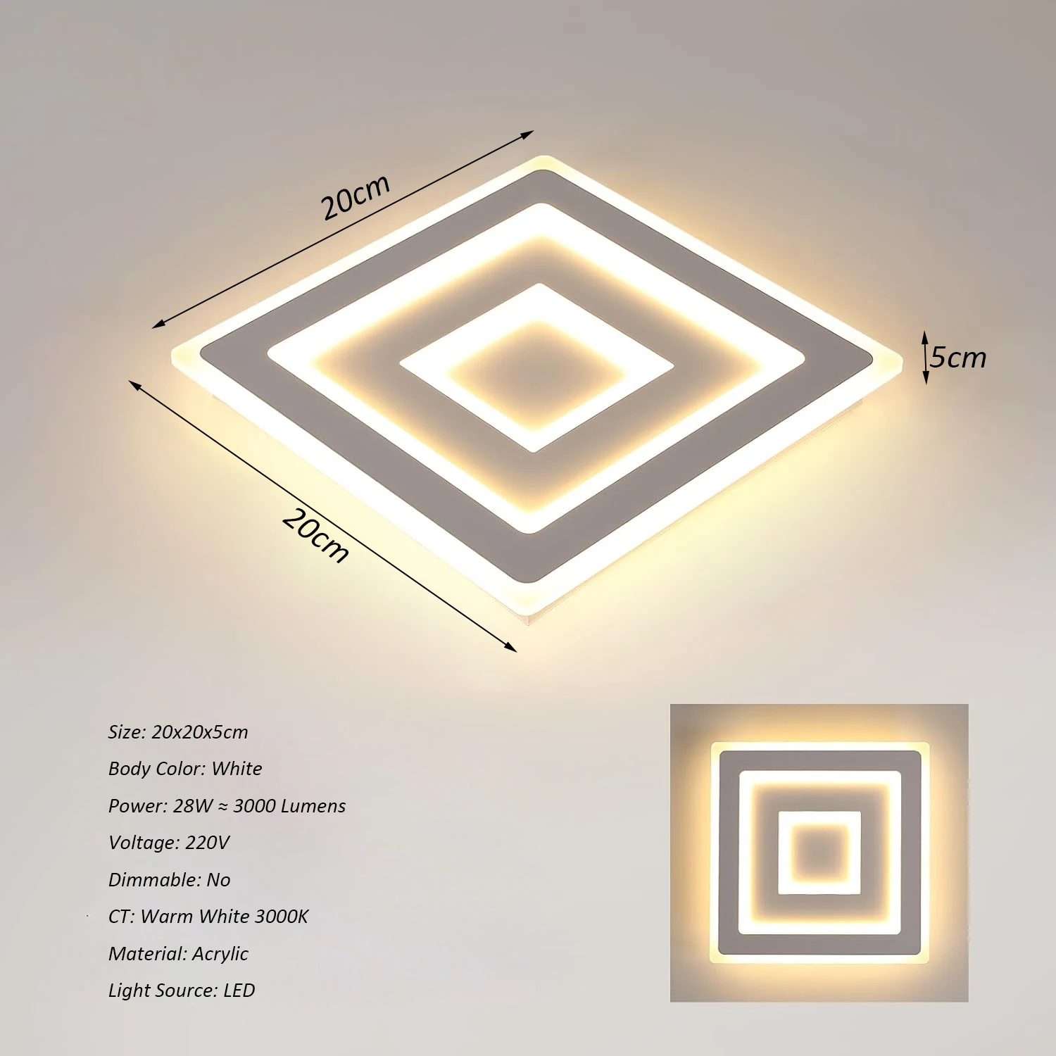 Modern Square LED Ceiling Light,28W Acrylic Lamp,White Chandelier for Bedroom, Living Room Warm Light 3000K