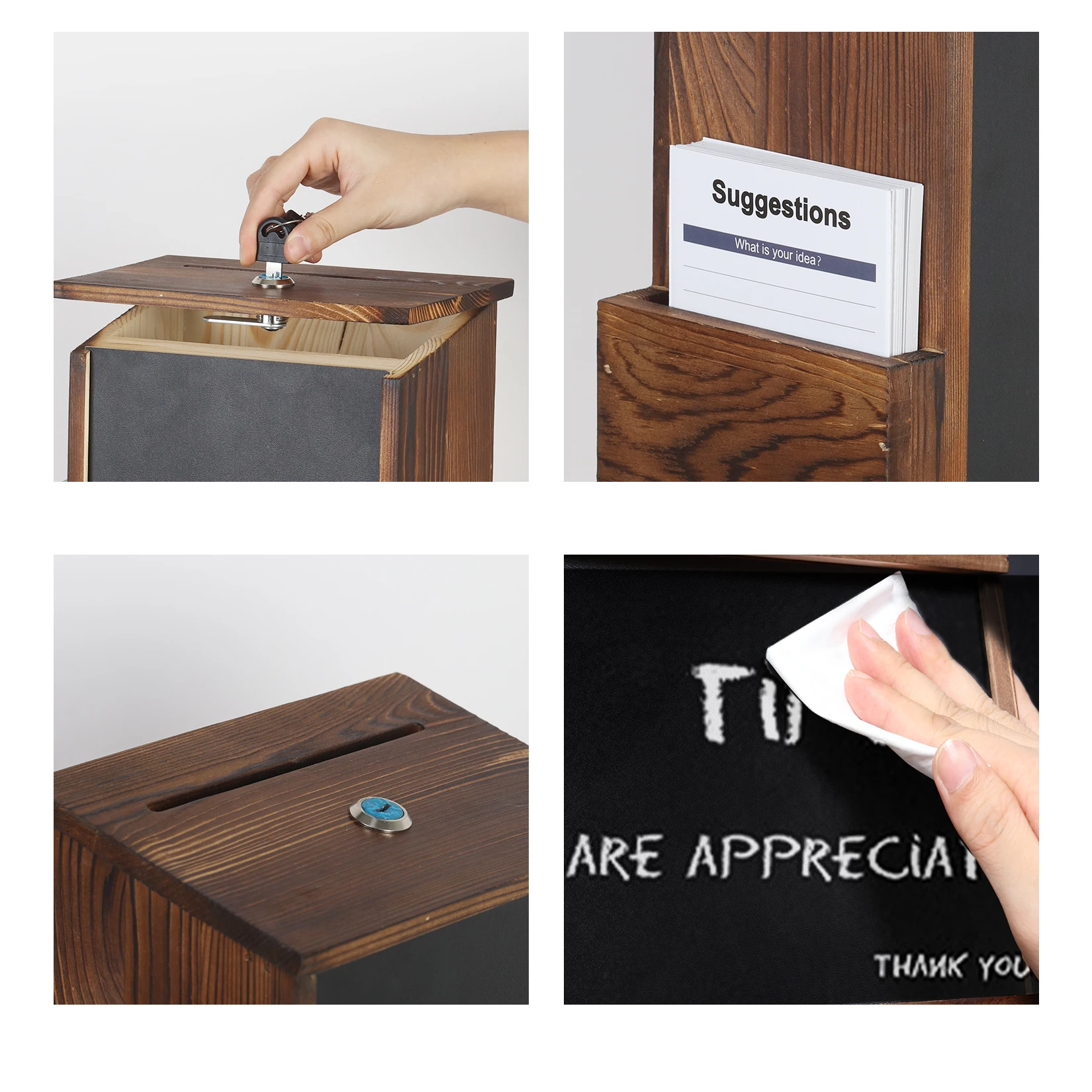 Lockable Suggestion Box Wooden Charity Donation Boxes Wall Mounted Comment Ballot Box with Lock Card Holder and Writing Board