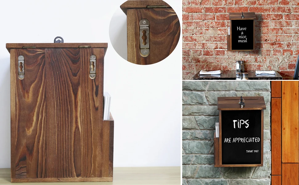 Lockable Suggestion Box Wooden Charity Donation Boxes Wall Mounted Comment Ballot Box with Lock Card Holder and Writing Board