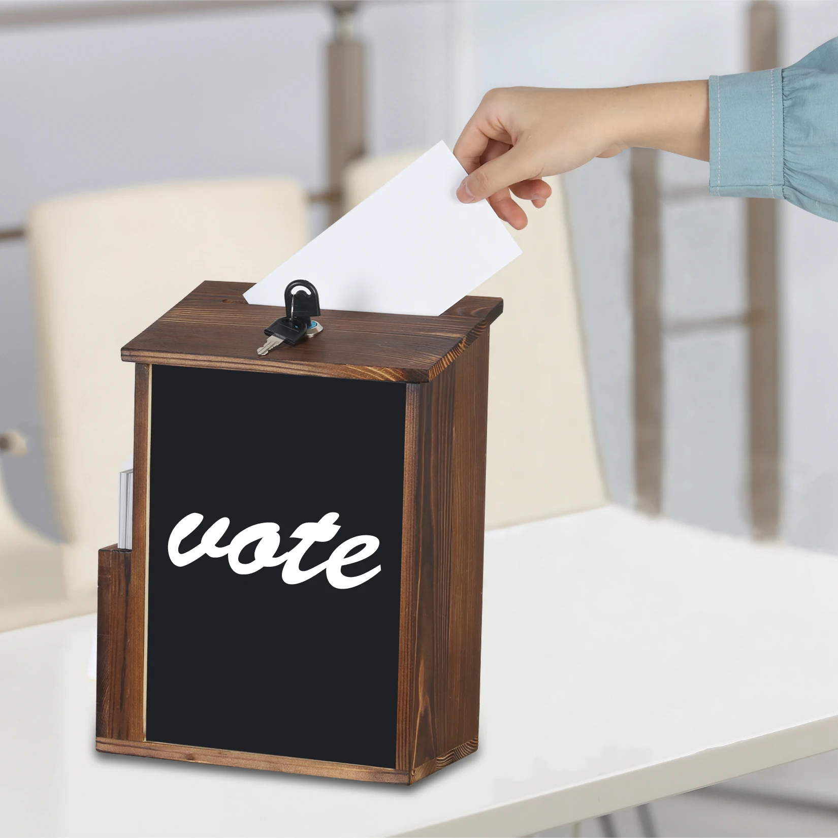 Lockable Suggestion Box Wooden Charity Donation Boxes Wall Mounted Comment Ballot Box with Lock Card Holder and Writing Board