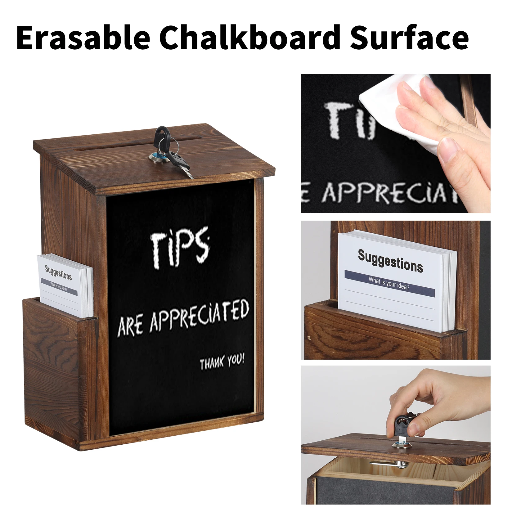 Lockable Suggestion Box Wooden Charity Donation Boxes Wall Mounted Comment Ballot Box with Lock Card Holder and Writing Board