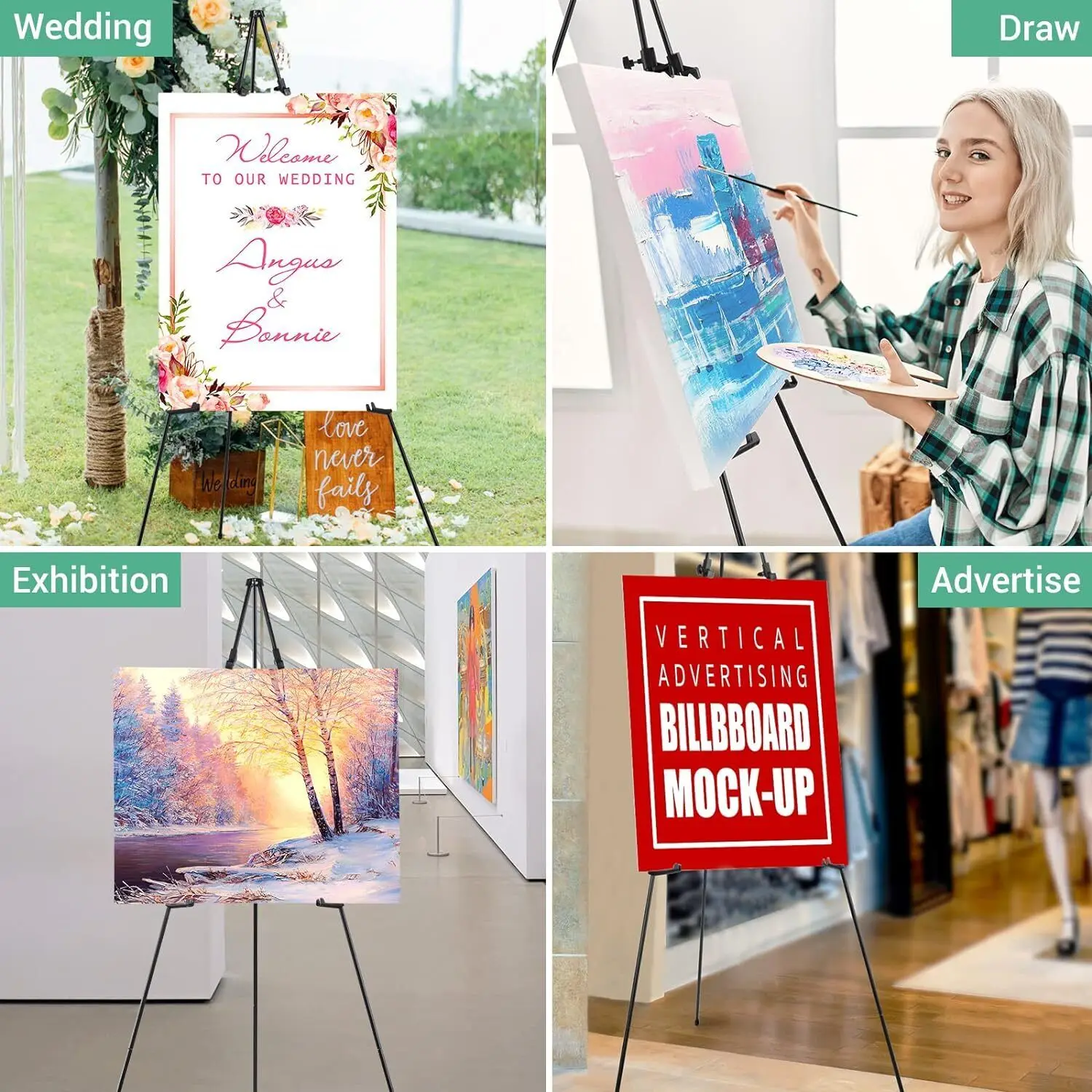 DayPlus Portable Easel Stand for Wedding Painting Display Folding Adjustable Metal Artist Tripod Easel with Bag 160cm/63inch