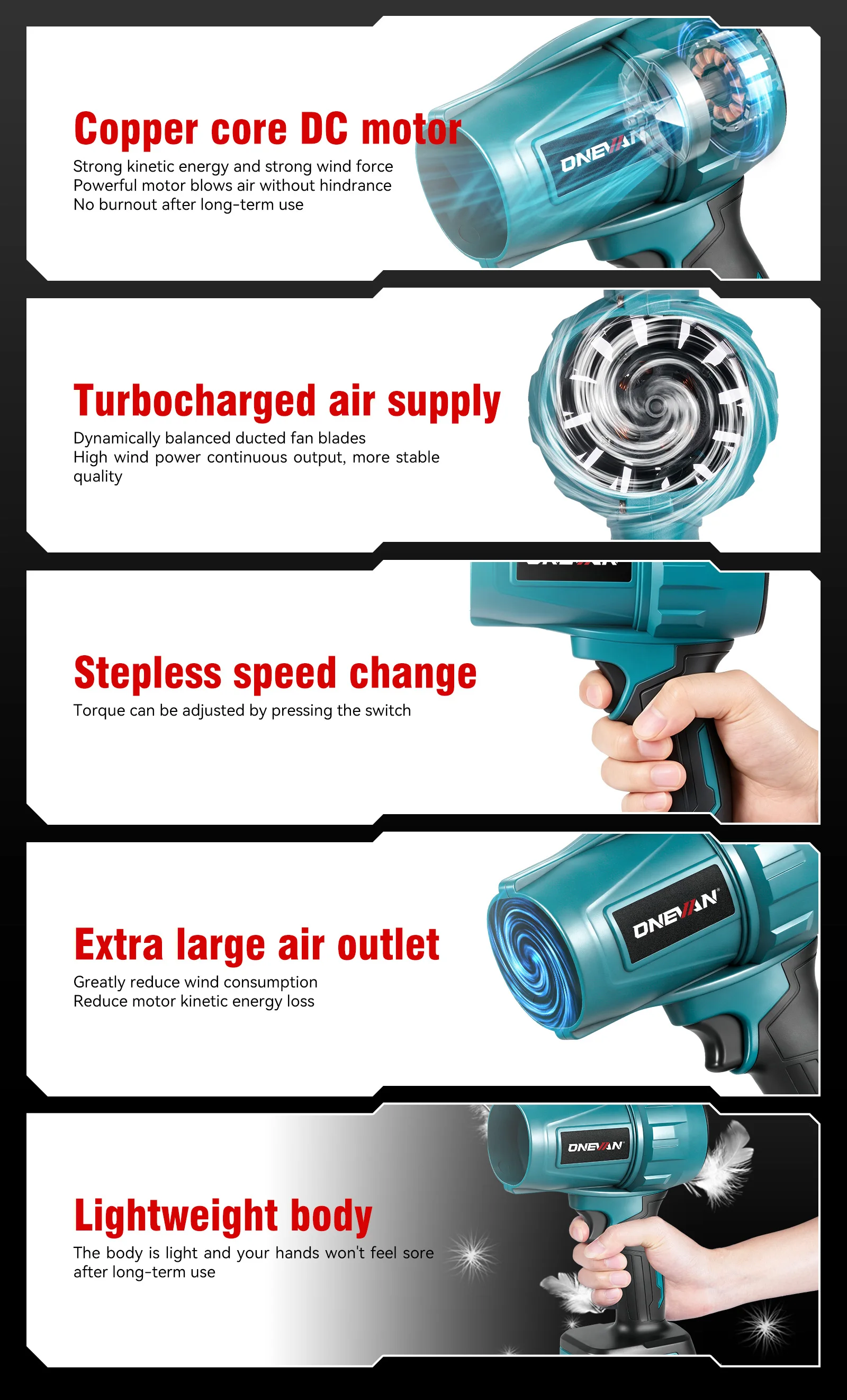 ONEVAN Brushless 3500W Electric Turbo Blower Jet Fan 350M/S Violent Car Dryer Snow Dust Blowing Tool For Makita 18V Battery Pin