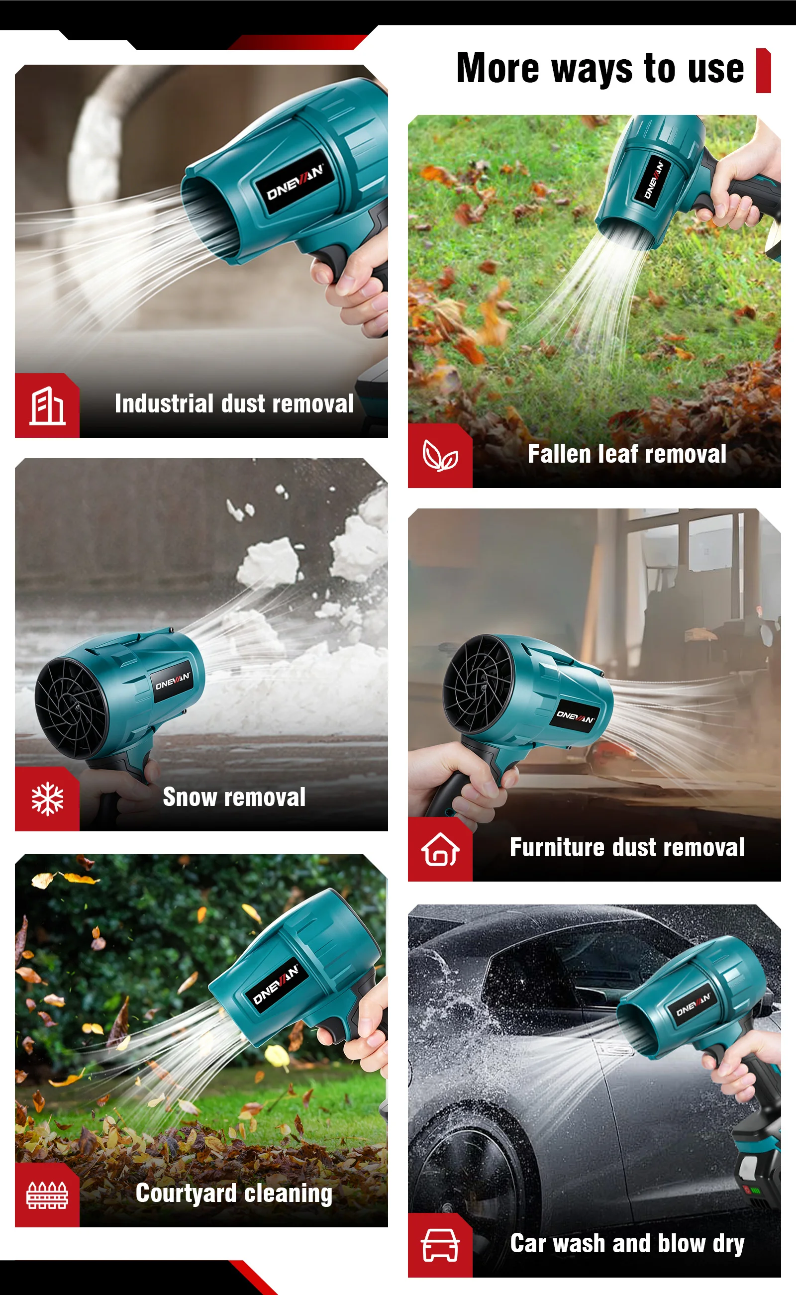 ONEVAN Brushless 3500W Electric Turbo Blower Jet Fan 350M/S Violent Car Dryer Snow Dust Blowing Tool For Makita 18V Battery Pin