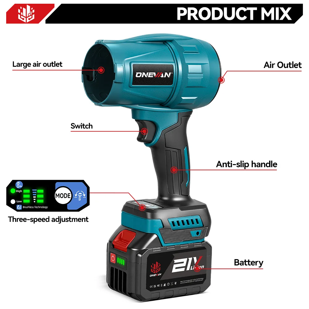 ONEVAN Brushless 3500W Electric Turbo Blower Jet Fan 350M/S Violent Car Dryer Snow Dust Blowing Tool For Makita 18V Battery Pin