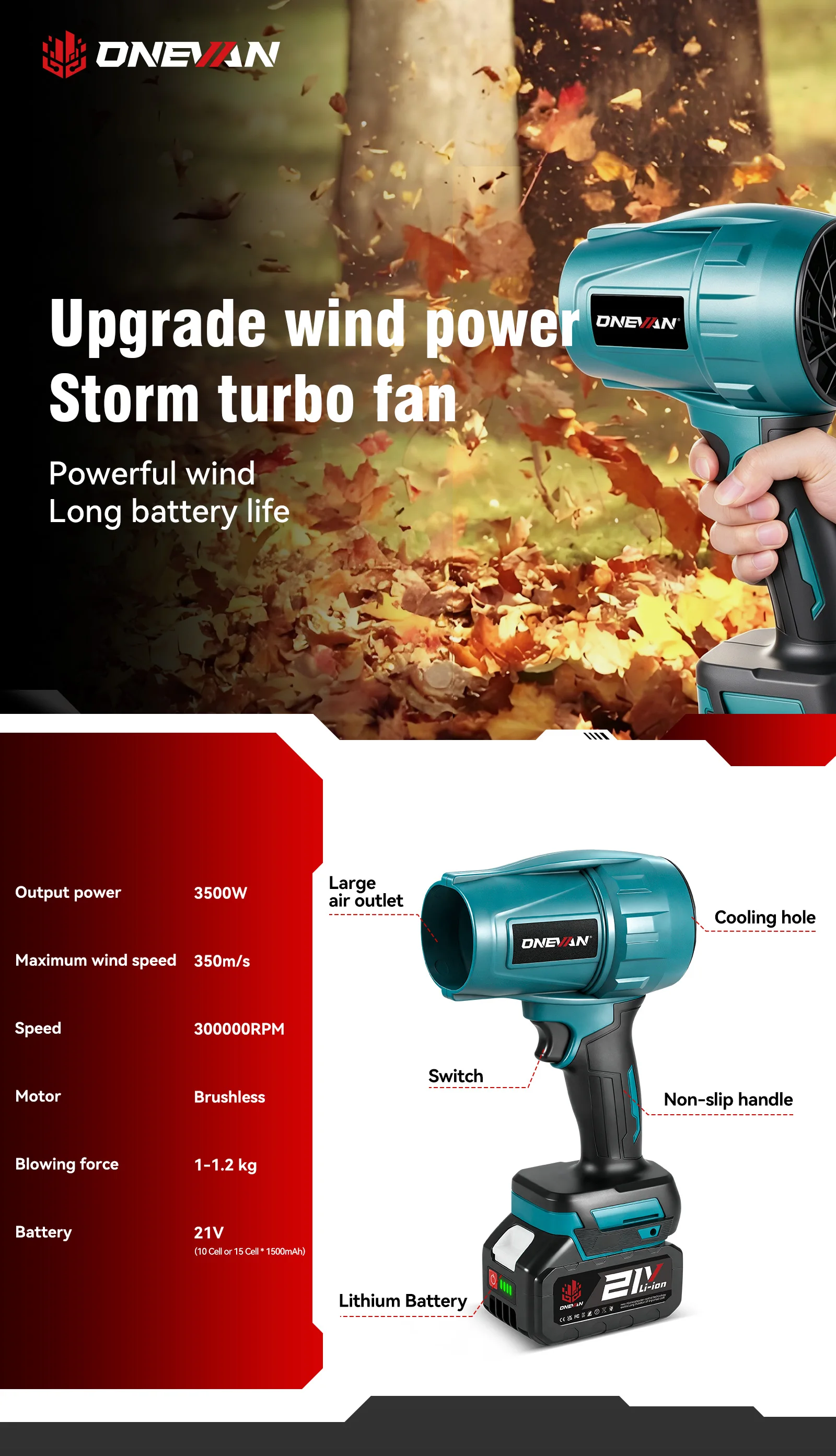 ONEVAN Brushless 3500W Electric Turbo Blower Jet Fan 350M/S Violent Car Dryer Snow Dust Blowing Tool For Makita 18V Battery Pin