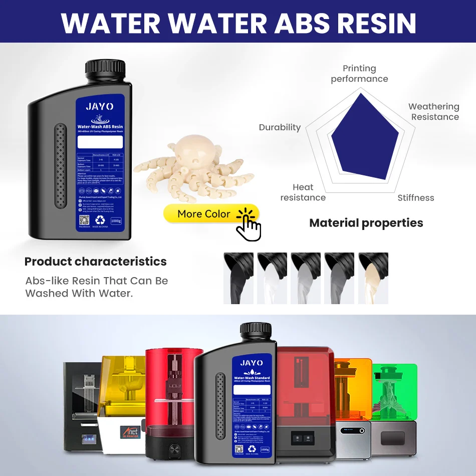 JAYO Water Washable Standard/ ABS Like Resin 3D Printer Resin 405nm UV Standard Rapid Photopolymer Resin For LCD/DLP/SLA 5Bottle
