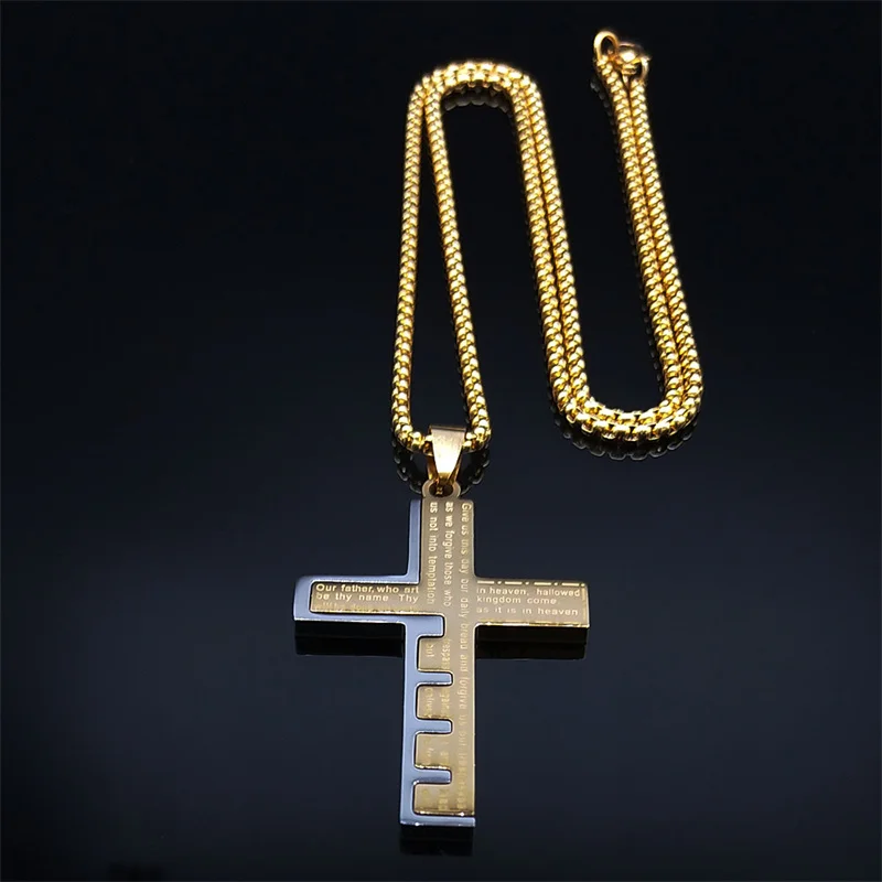 Cross Christian Church Prayer Necklace Men Stainless Steel Gold Color Bible Amulet Necklaces Jewelry colar masculino N2005S02