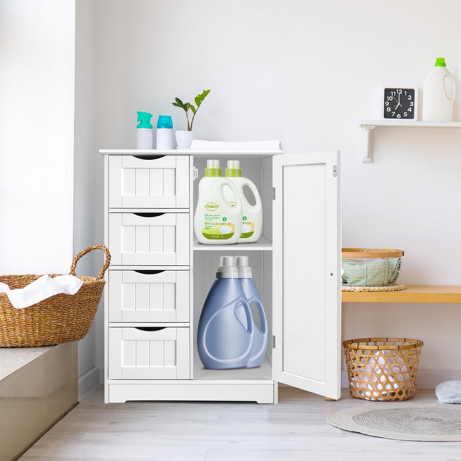 Bathroom Floor Cabinet Storage Organizer with 4 Drawers & 1 Door Free Standing Cupboard Unit White, w/Adjustable Shelf