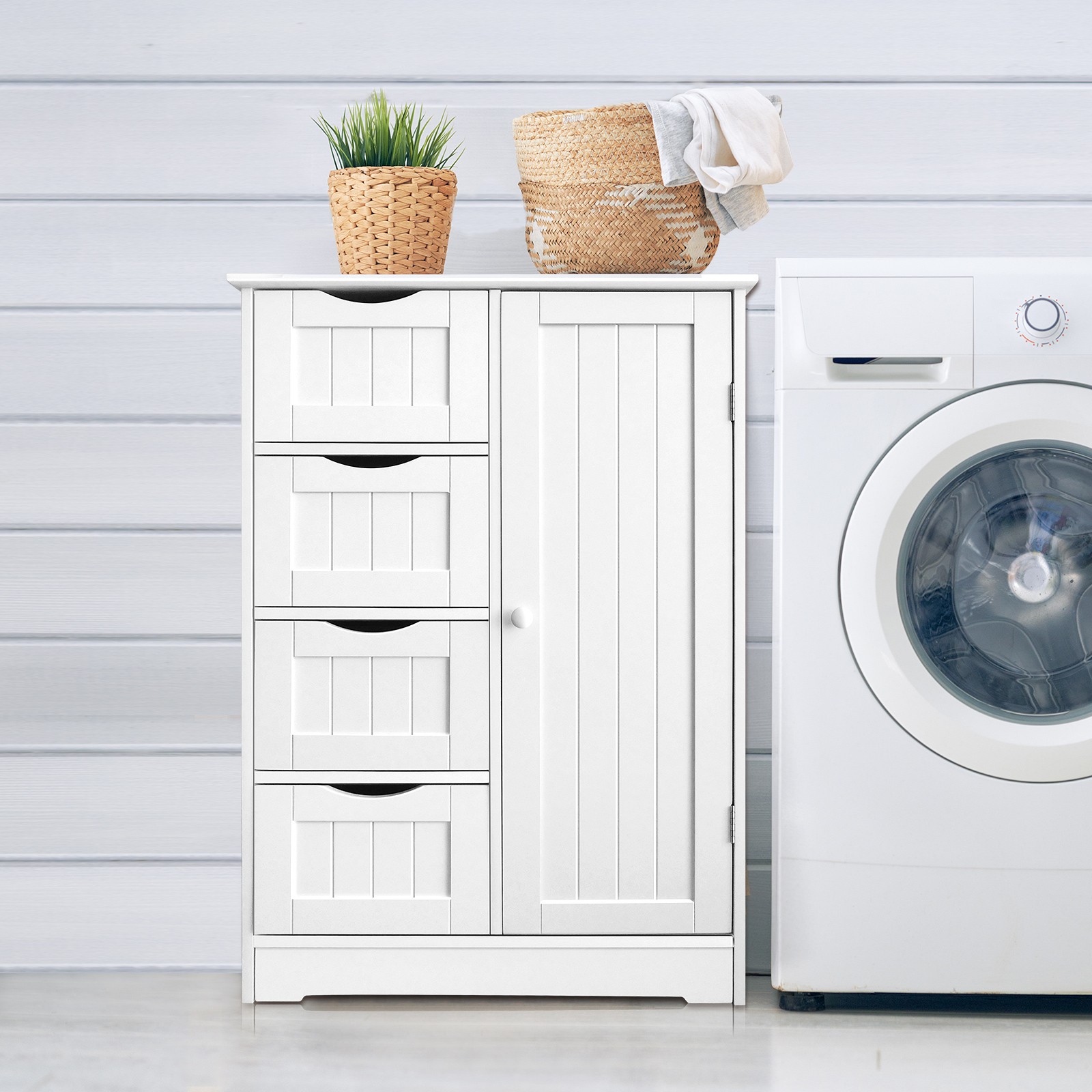 Bathroom Floor Cabinet Storage Organizer with 4 Drawers & 1 Door Free Standing Cupboard Unit White, w/Adjustable Shelf
