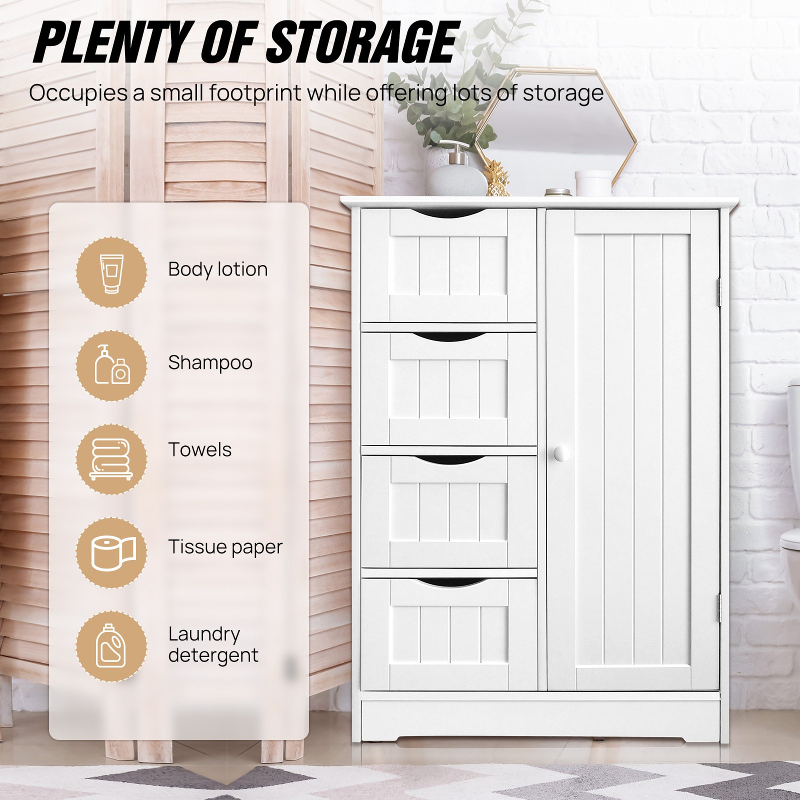 Bathroom Floor Cabinet Storage Organizer with 4 Drawers & 1 Door Free Standing Cupboard Unit White, w/Adjustable Shelf