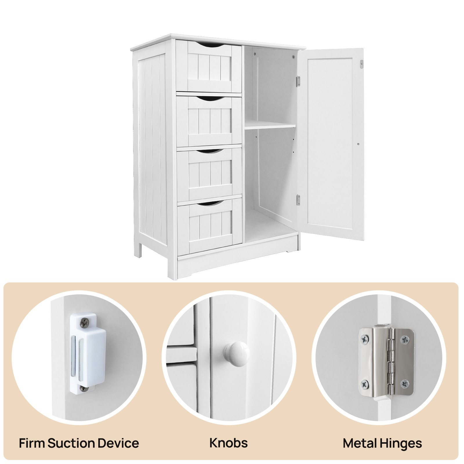 Bathroom Floor Cabinet Storage Organizer with 4 Drawers & 1 Door Free Standing Cupboard Unit White, w/Adjustable Shelf