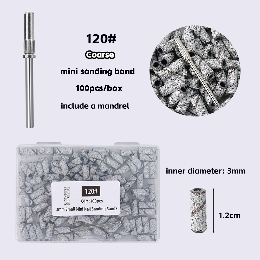 100/200PCS 3mm Nail Sanding Bands Set with Mandrel - 80/120/180/240 Grit Sandpaper For Nail Drill Bit Manicure Pedicure Salon