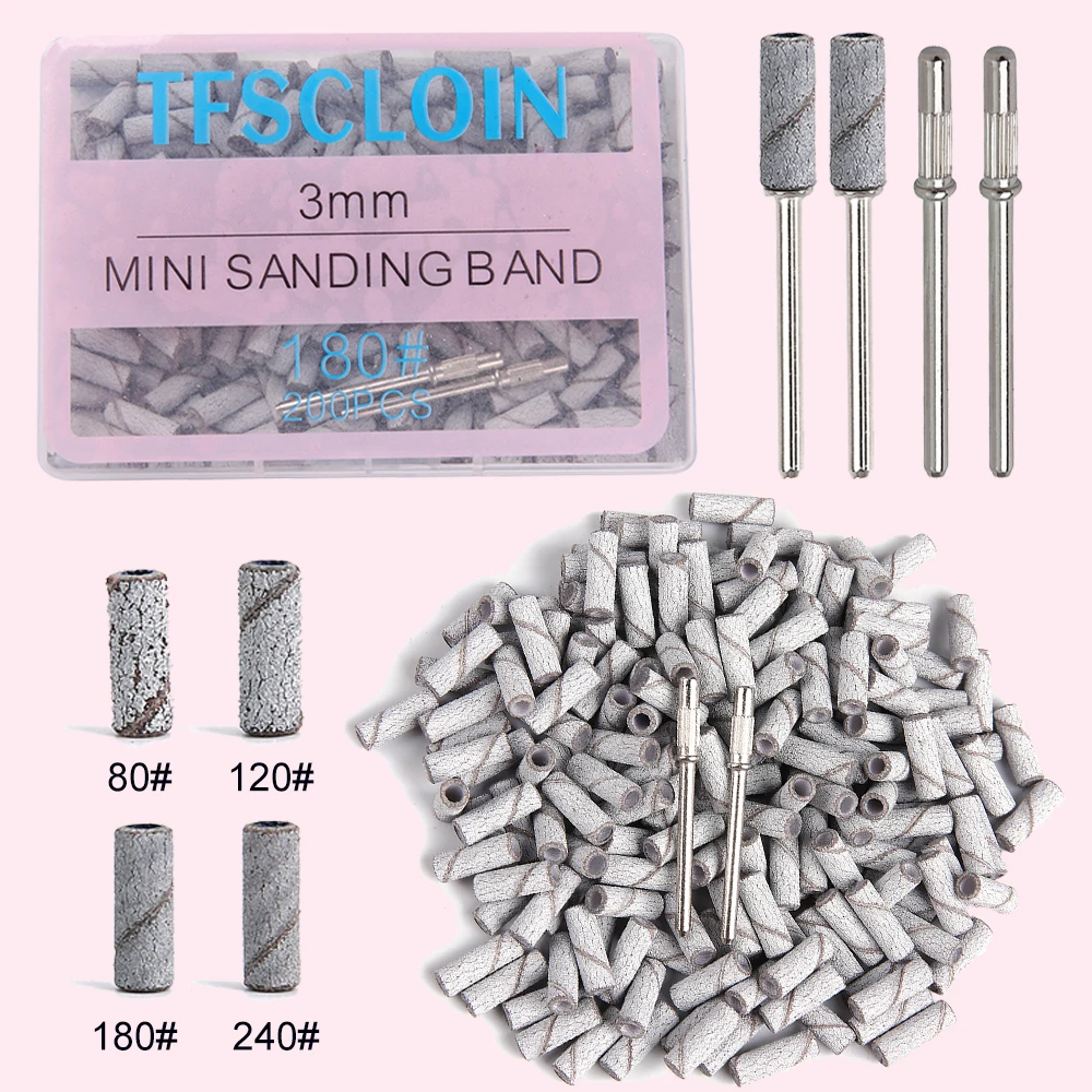 100/200PCS 3mm Nail Sanding Bands Set with Mandrel - 80/120/180/240 Grit Sandpaper For Nail Drill Bit Manicure Pedicure Salon