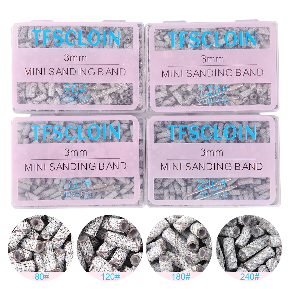 100/200PCS 3mm Nail Sanding Bands Set with Mandrel - 80/120/180/240 Grit Sandpaper For Nail Drill Bit Manicure Pedicure Salon