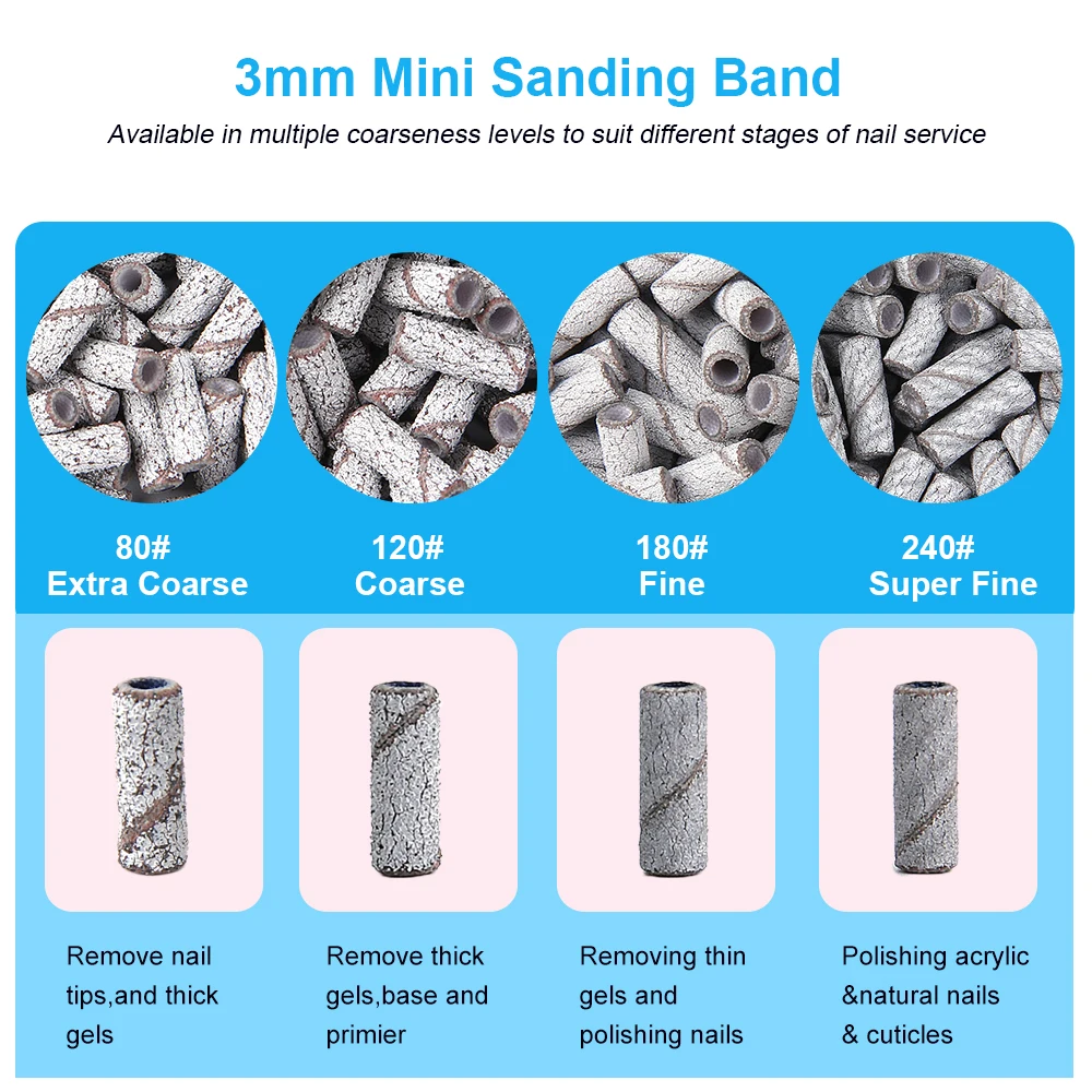 100/200PCS 3mm Nail Sanding Bands Set with Mandrel - 80/120/180/240 Grit Sandpaper For Nail Drill Bit Manicure Pedicure Salon