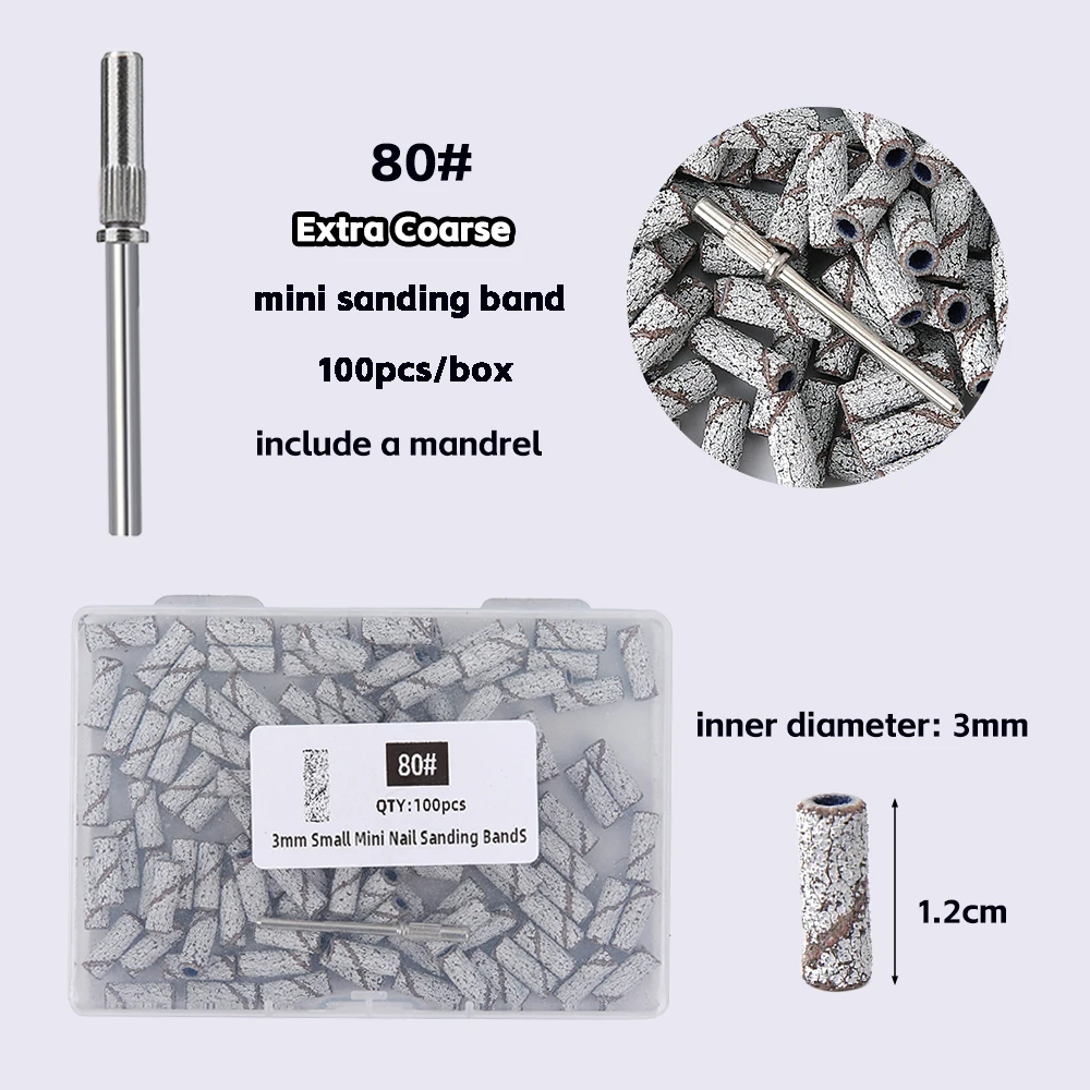 100/200PCS 3mm Nail Sanding Bands Set with Mandrel - 80/120/180/240 Grit Sandpaper For Nail Drill Bit Manicure Pedicure Salon