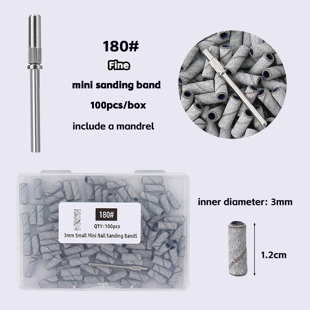 100/200PCS 3mm Nail Sanding Bands Set with Mandrel - 80/120/180/240 Grit Sandpaper For Nail Drill Bit Manicure Pedicure Salon